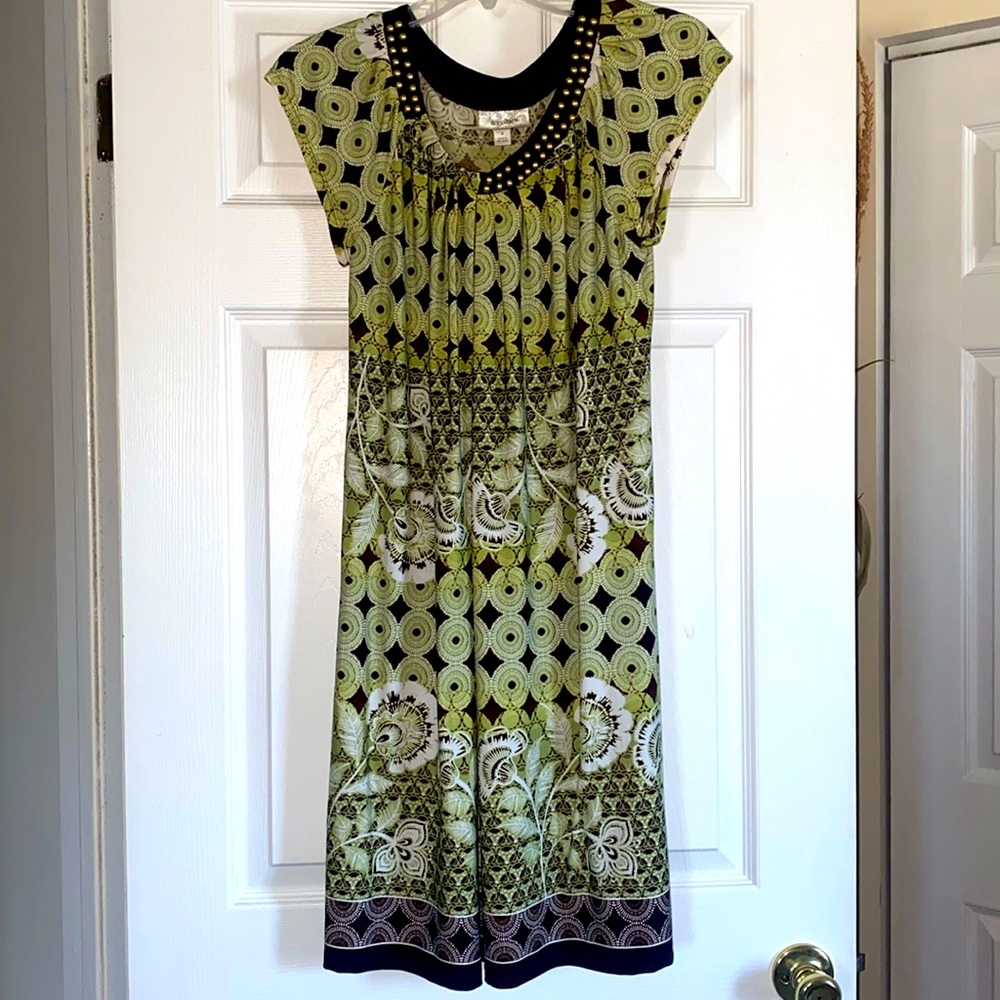 Dressbarn Women’s Chocolate Brown Green and White Dress Size 8